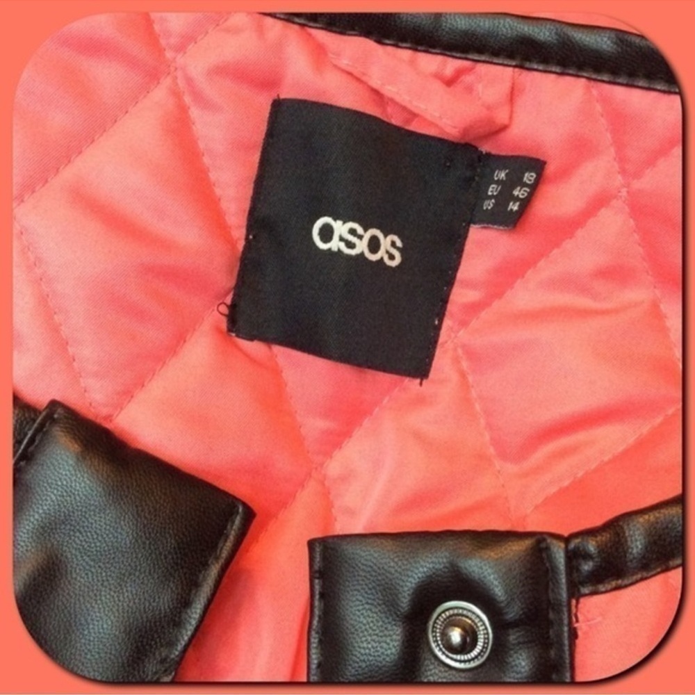 ASOS Coral w/ Black Faux Leather Trim Quilted Jacket Size 14 - Picture 6 of 6